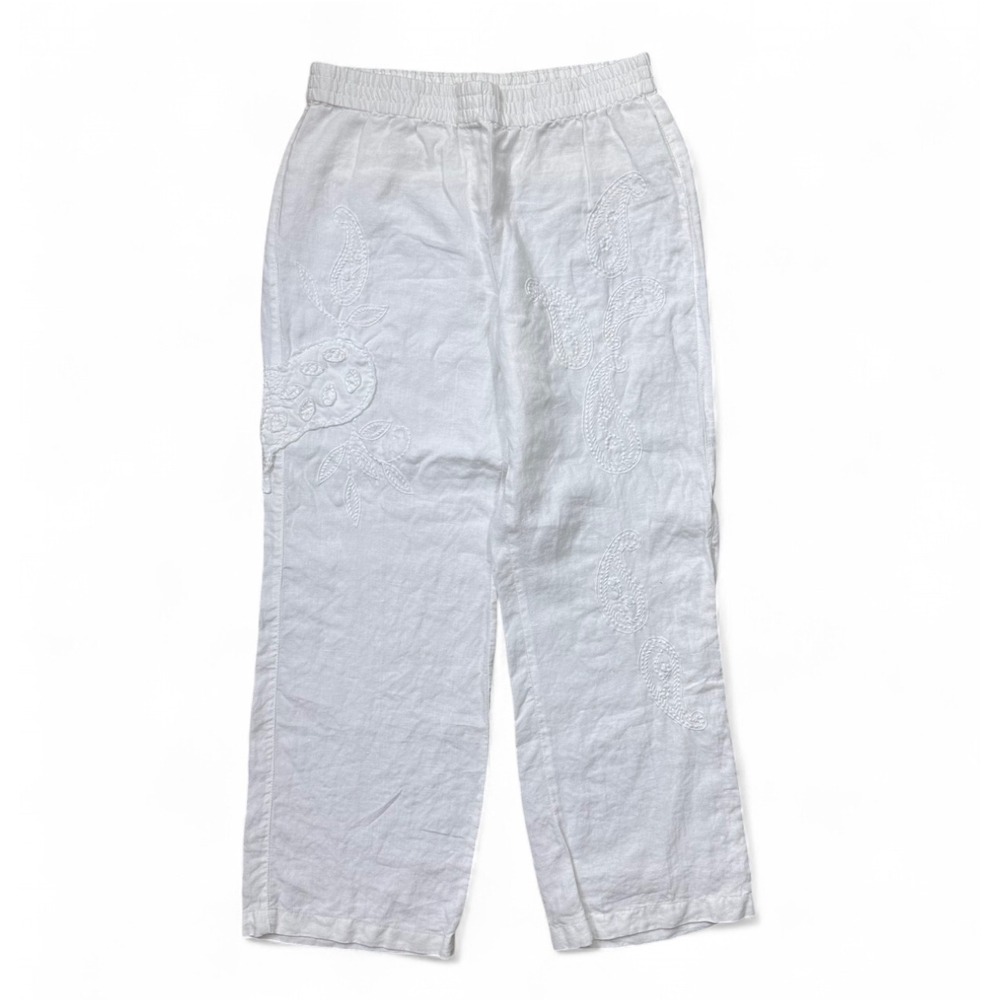 Chico's 0 White Embroidered Paisley 100% Linen Pull on Wide Leg Pant 4 Small